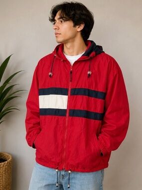 Vintage 90s Tommy Hilfiger Jeans Windbreaker Jacket Mens XL Red Colourblock